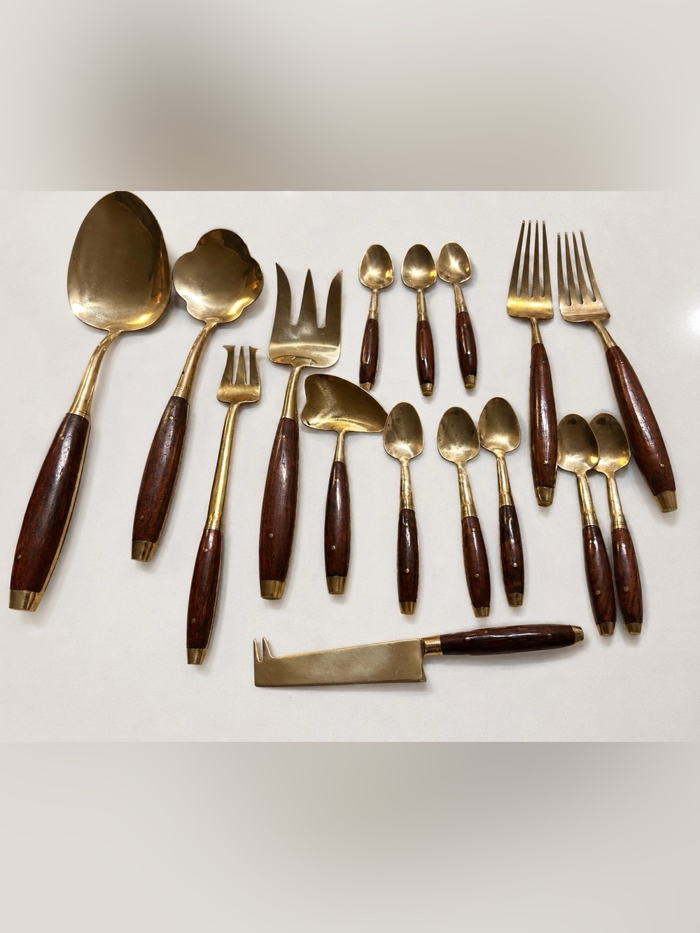 Vintage Brass and Wood Handle Serving Flatware Set